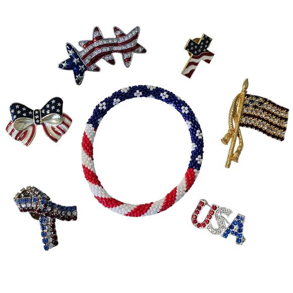 Patriotic Jewelry Lot American Flag Pins & Bracelet